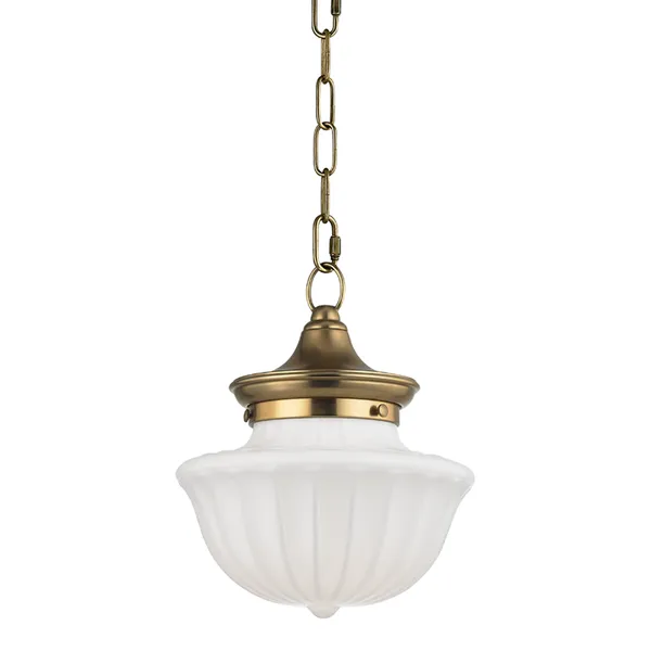 Dutchess small pendant with white ribbed glass shade and antique brass finish top hanging from decorative chain