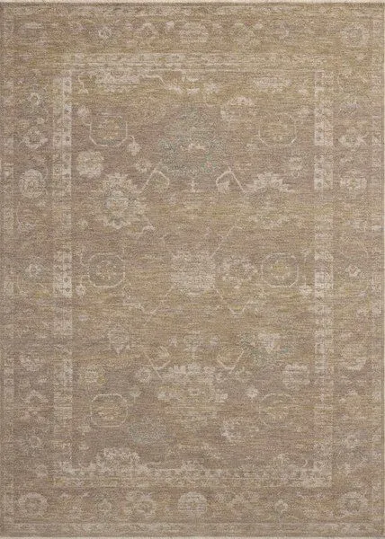 Traditional Louisa area rug in taupe and gold with soft blue and cream accents, featuring a velvety pile and Turkish-inspi...