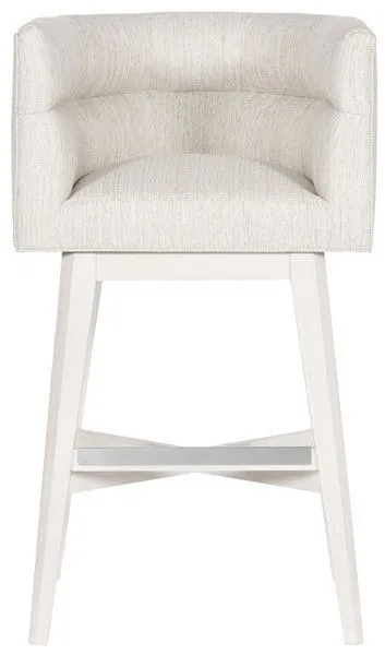 Emmett Performance Wood Retro Swivel Base Stool with angular white fabric seat and clean white wood base with angled legs