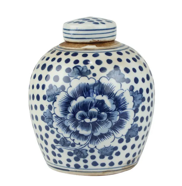 Product Image 1 for Blue And White Tiny Lid Mini Jar Peony Dots, Set of 2 from Legend of Asia