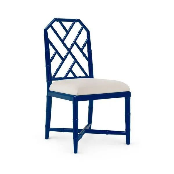 Jardin Side Chair with rich lacquered navy mahogany frame, bamboo-inspired lattice back, and linen drop-in cushion