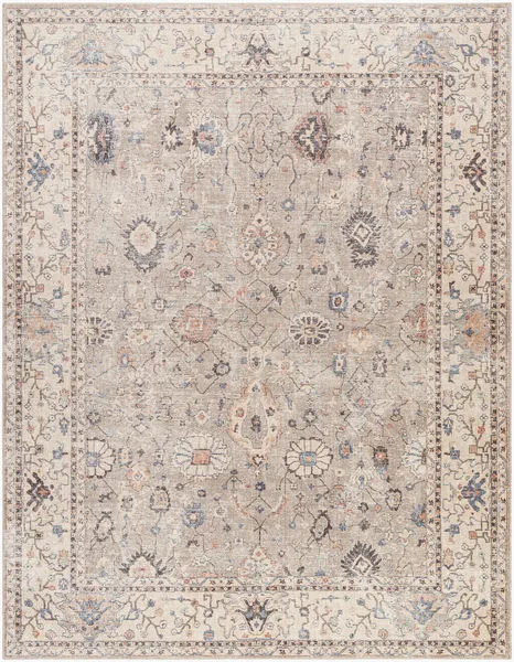 Davina machine woven off-white rug with traditional floral motifs in soft blue and terracotta hues