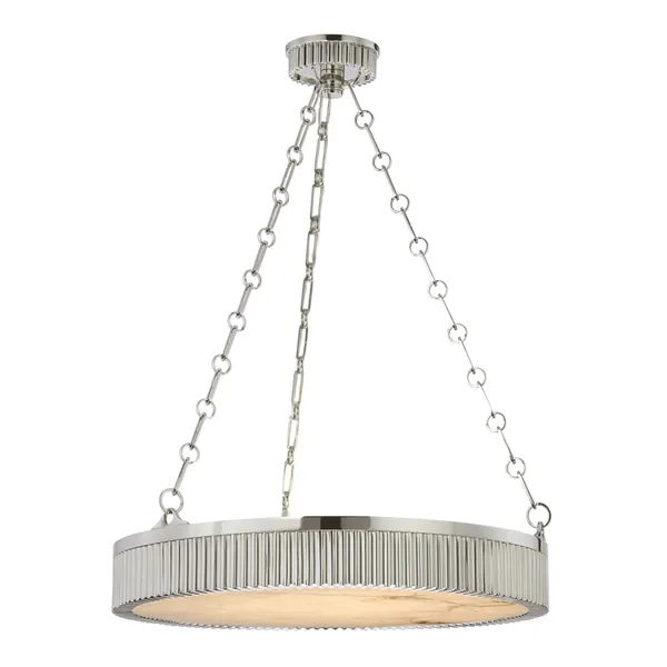 Lynden 5 Light Pendant with a round ribbed metal frame, polished nickel finish, suspended by linked chain cables