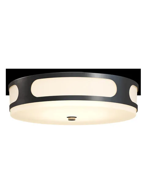 Swale Outdoor Flush Mount with black metal frame and milky white glass illuminated uniformly by integrated LEDs