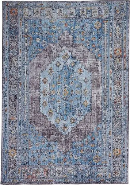 Armant Azure Blue / Light Gray Rug with central medallion, intricate floral and geometric vintage motifs in blue, gray, ma...
