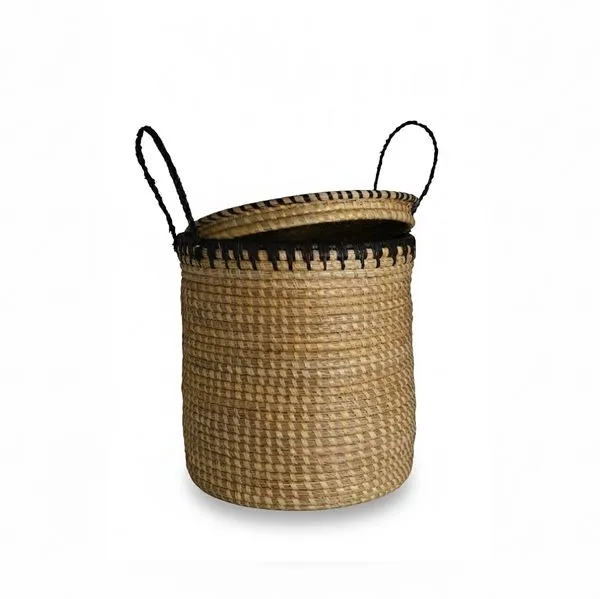Natural bamboo stool with woven texture, black accented rim, and side handles, compact and sturdy