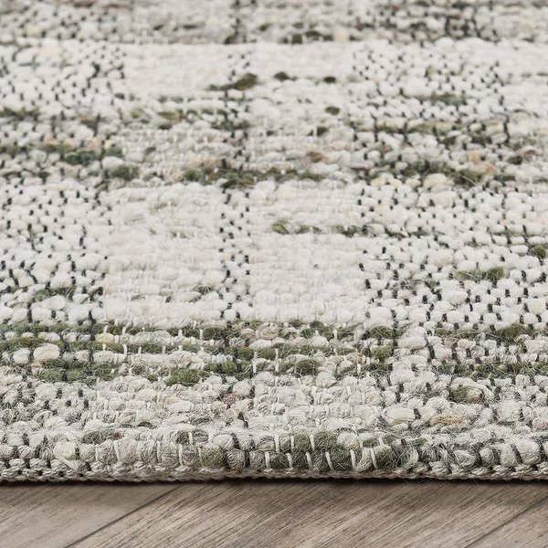 Perth Wool Blend Area Rug with hand-carded wool, pillowy texture, classic stripes, distressed plaid pattern