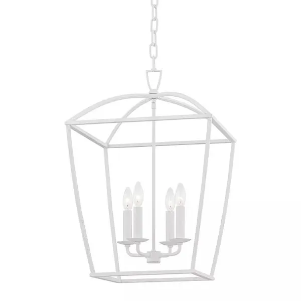 White plastered iron pendant light with four candelabra bulbs inside a thin, open iron cage and hanging chain