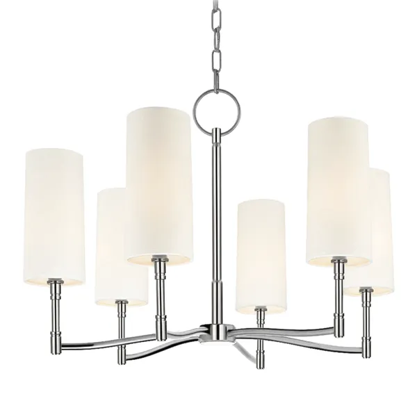 Dillon 6 Light Chandelier with six white cylindrical fabric shades on brushed nickel arms and a central rod with chain
