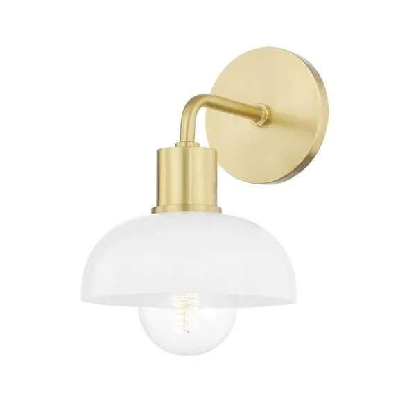 Kyla 1 Light Bath Bracket with a curved gold arm and dome-shaped white glass shade over a globe bulb
