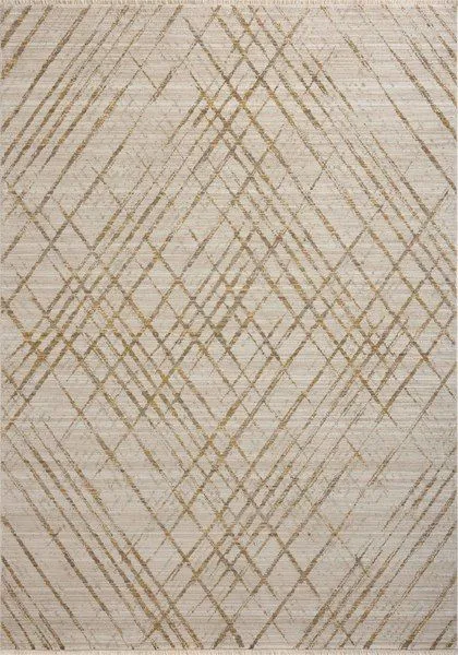 beige and gold abstract modern area rug with linear motifs and distressed texture