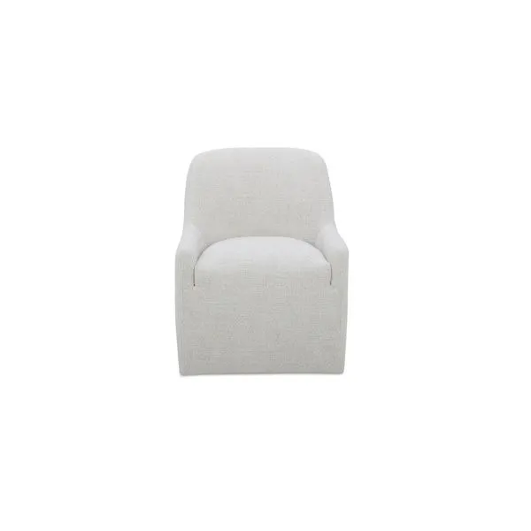 Maisie rolling dining chair with padded seat and curved back in soft light gray fabric upholstery