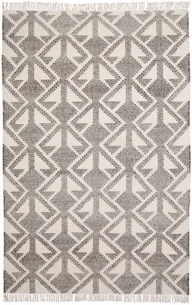Savona Gray / Ivory Rug with geometric gray diamond and triangle pattern and fringe on both ends