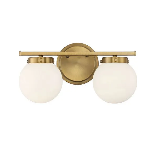 Jenni 2 Light Bath Bar with opal glass globes and natural brass finish, circular backplate, modern style