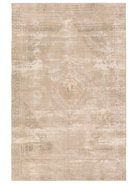 Cadent Medallion Tan and Green rug with distressed vintage-inspired center medallion pattern on jute polyester base