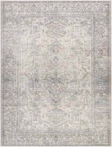 Margot Sage/Charcoal Machine Woven Rug with vintage floral medallion pattern in muted sage and charcoal colors