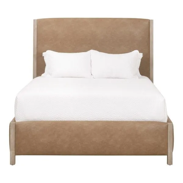 Emmett Standard King Bed with tan upholstered curved headboard and matching footboard, white bedding and two pillows