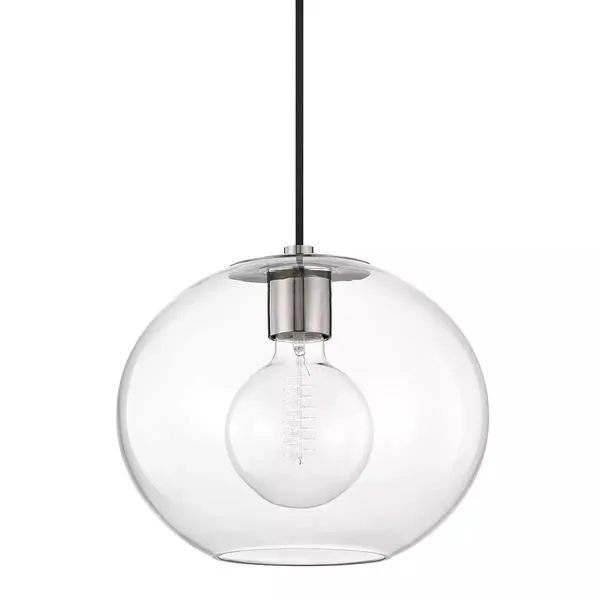 Large pendant light with clear glass globe and exposed bulb suspended by black cord and silver metal fixture