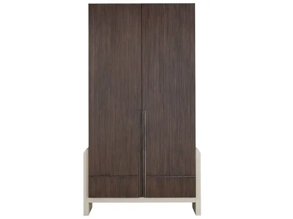 Shasta Wardrobe with sleek reeded walnut doors and fawn lacquer base, tall with vertical door handles