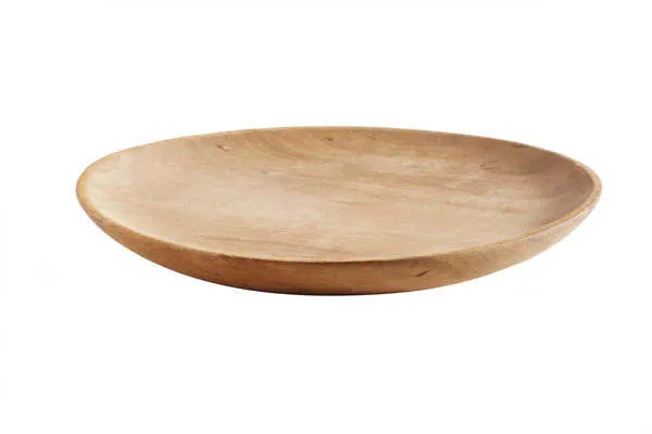 Round Mame dinner plate in natural wood with shallow, smooth curved edges and visible grain texture