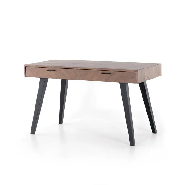 Viva Desk Sundried Ash with a rectangular wood top and two side drawers, supported by angled black metal legs