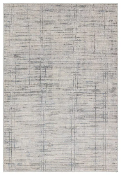 Modern striped rug in cream with blue linear abstract pattern and subtle gray accents