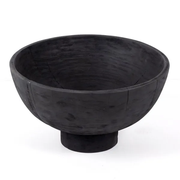 Turned pedestal bowl with carbon black finish made from mixed reclaimed woods, rounded shape on solid pedestal base