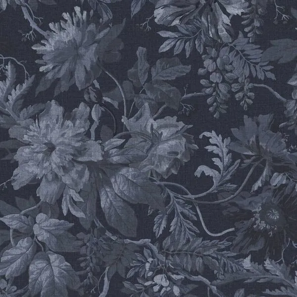 Deep blue wallpaper with intricate tonal floral and leaf patterns inspired by historic artwork