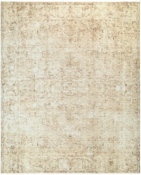 Light beige and olive vintage style rug with subtle distressed patterns and soft machine-woven polyester pile