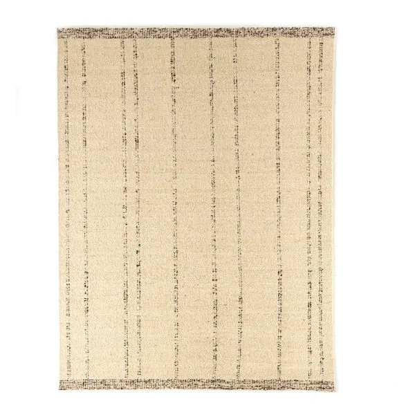 Handwoven wool-blend area rug in cream with thin vertical brown lines and textured finish