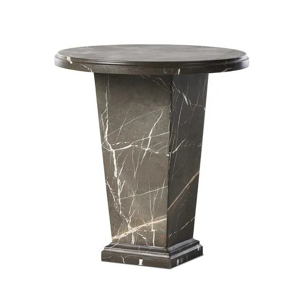 Eslo End Table in grey Italian marble, Roman column-inspired tapered base with round top and white veining