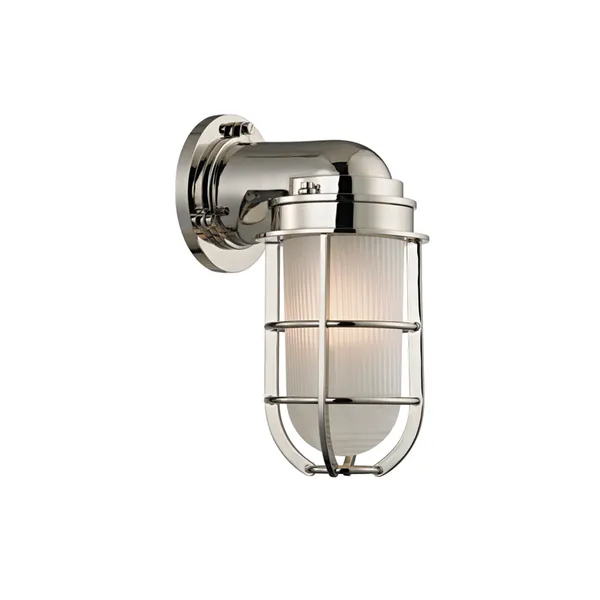 Carson 1 Light Wall Sconce with polished metal cage and ribbed glass shade, modern industrial style