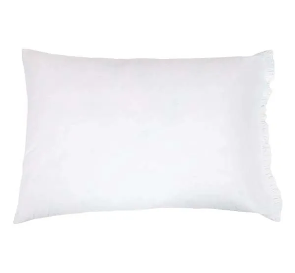 Single white cotton percale pillowcase flat with ruffled edging visible along one long side.