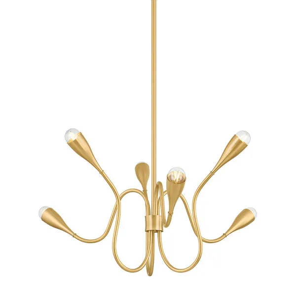 Aged brass Anaise chandelier with six curved arms and exposed G16½ bulbs resembling flower buds