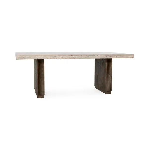 82-inch rectangular dining table with block-styled vertical ridged dark wood legs and a light laminate top
