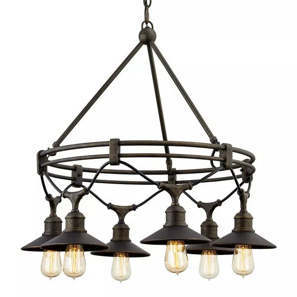 Shelton Chandelier with six downward-facing industrial-style lampshades in dark rustic metal on circular frame