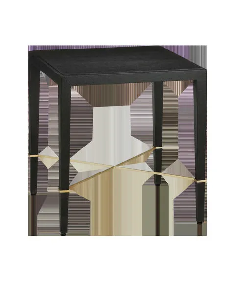 Black linen end table with subtle texture, square top and champagne-colored zig-zag stretchers between legs