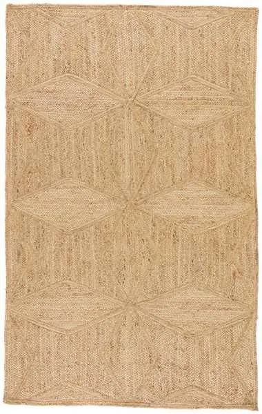 Rectangular natural jute rug with beige geometric diamond weave pattern and organic texture