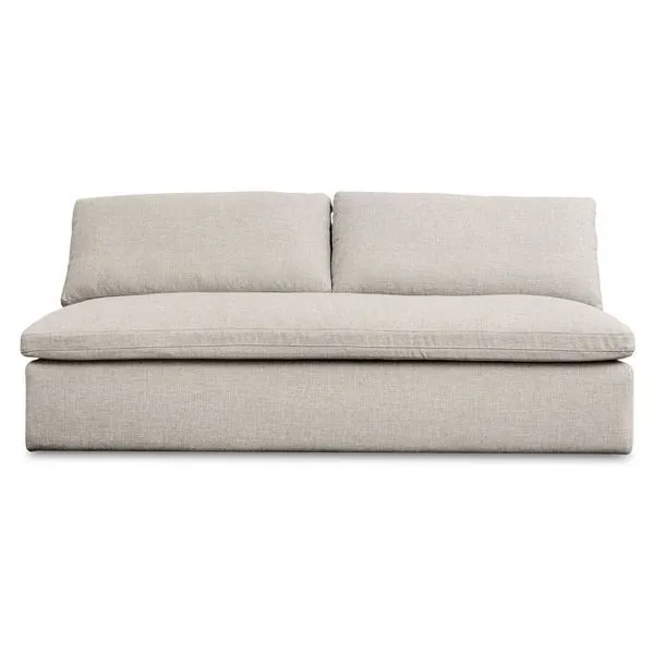 Beige Miles outdoor sofa with aluminum frame and fade-resistant Olefin fabric, featuring plush cushions and thick seat pad...
