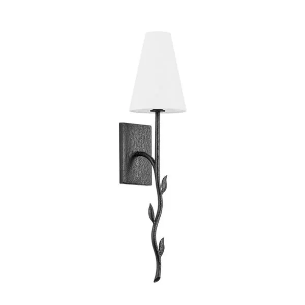 Elwyn Wall Sconce with textured black metal stem featuring decorative leaves and tapered off-white linen shade