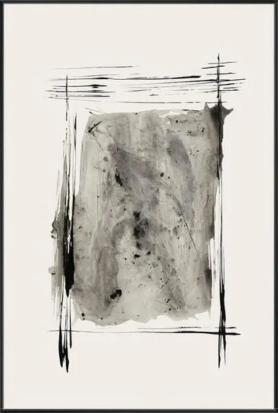 Abstract painting with bold black strokes framing a textured grey-toned center on a light background
