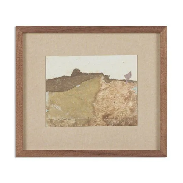 Abstract Study I by Paul Meyer, mixed media painting with textured cement and wood tones in a wood frame with beige matting