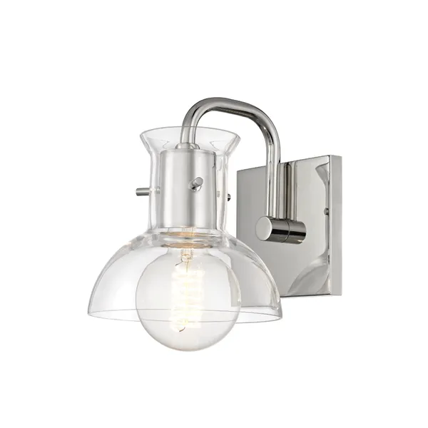 Sleek Riley 1 Light Bath Bracket with clear glass shade and polished steel finish, including visible filament bulb