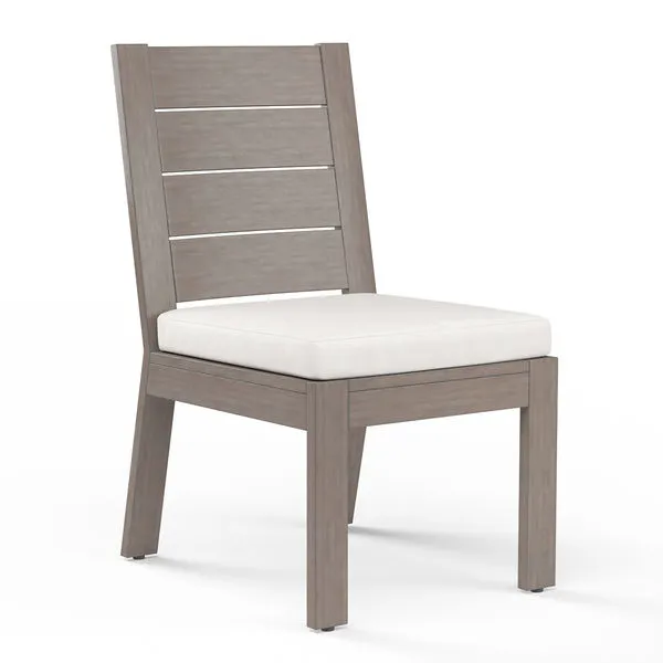 Laguna Armless Dining Chair in driftwood aluminum frame with wide slats and white cushion