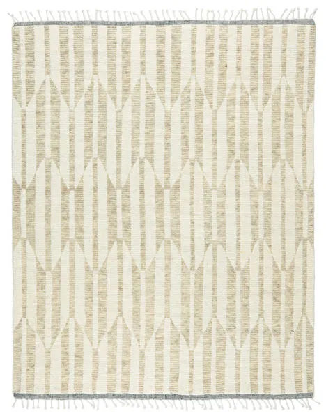 Hand-knotted beige and ivory rug with a geometric arrow pattern and fringed edges