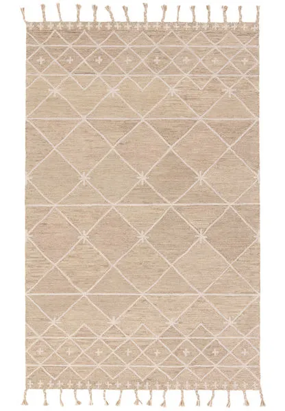 Tan wool rug with ivory Moroccan-inspired trellis pattern and tasseled edges, 18 by 18 inches