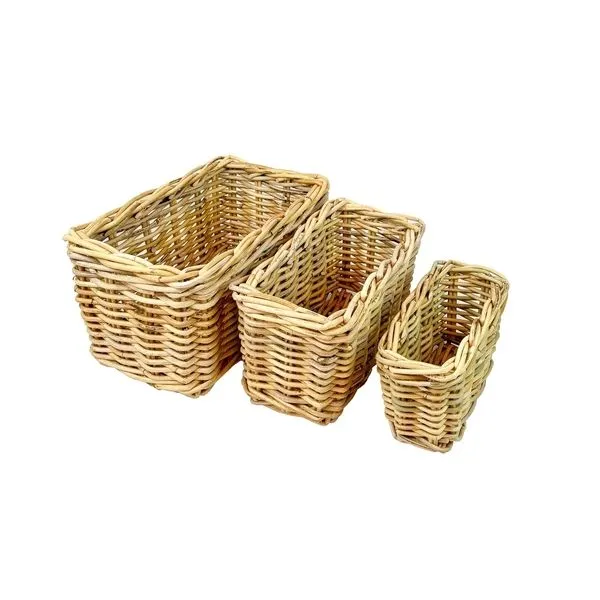 Set of three natural rattan baskets in small, medium, and large sizes with handwoven texture and rectangular shape