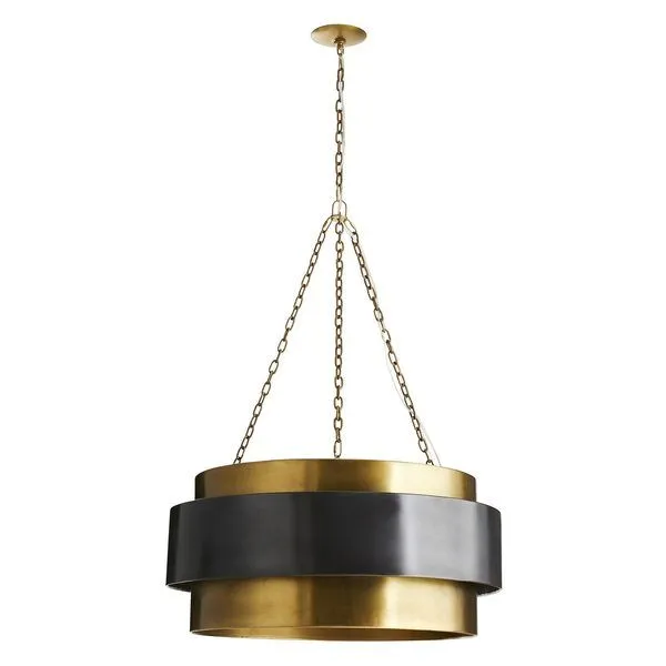 Straight-on side view highlighting pendant’s layered brass and floating dark bronze bands