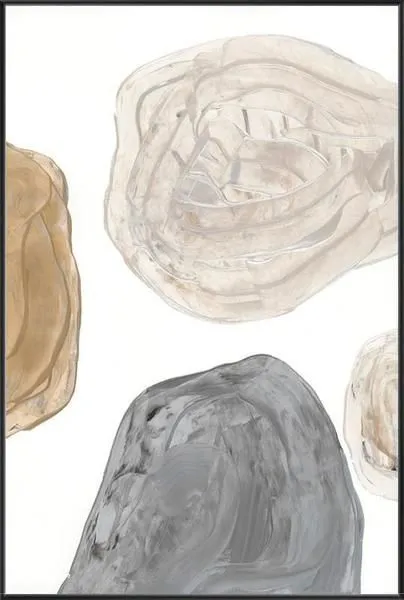 Abstract painting Floating Path II with layered organic shapes in neutral tones of beige, gray, and brown on white background