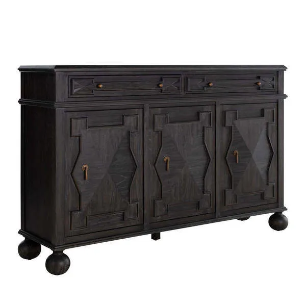 Sideboard angled front view highlighting faceted geometric door patterns and round bun feet